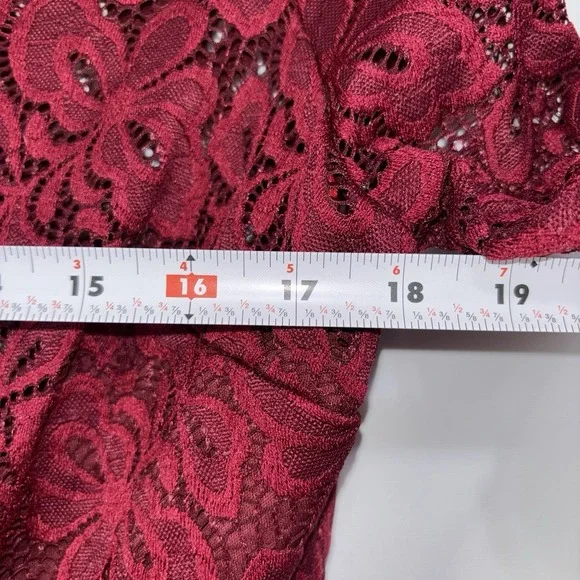 Missmay Burgundy Lace Fit Flare Cocktail Dress Stretch 3/4 Sleeve Sz L Midi - Picture 6 of 10